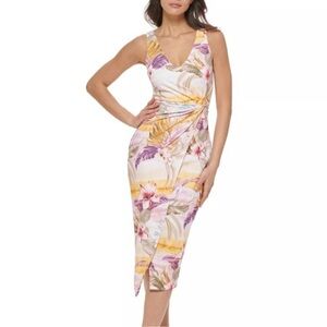 Guess Floral Asymmetrical Bodycon Dress NWT Size 4 Sleeveless Scuba Faux Wrap